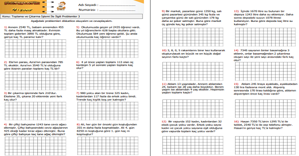 4.Sınıf Matematik Toplama ve Çıkarma İşlemi ile İlgili Problemler 3