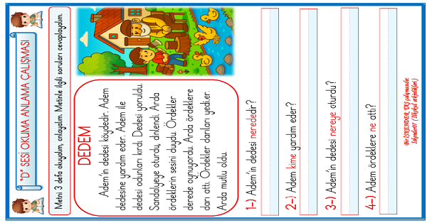 1. Sınıf İlk Okuma Yazma D-d Sesi Okuma Anlama Etkinliği