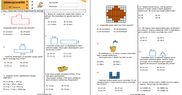 4.Sınıf Matematik 6.Ünite Değerlendirme Etkinliği 2