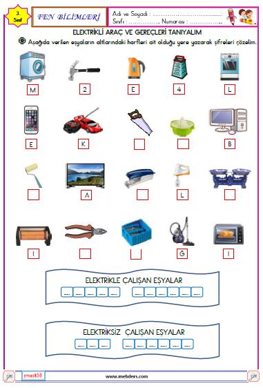 3. Sınıf Fen Bilimleri Elektrikli Araç ve Gereçleri Tanıyalım  Etkinliği 1