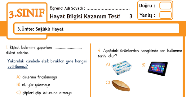 3.Sınıf Hayat Bilgisi Kazanım Testi - 3.Ünite - Sağlıklı Hayat