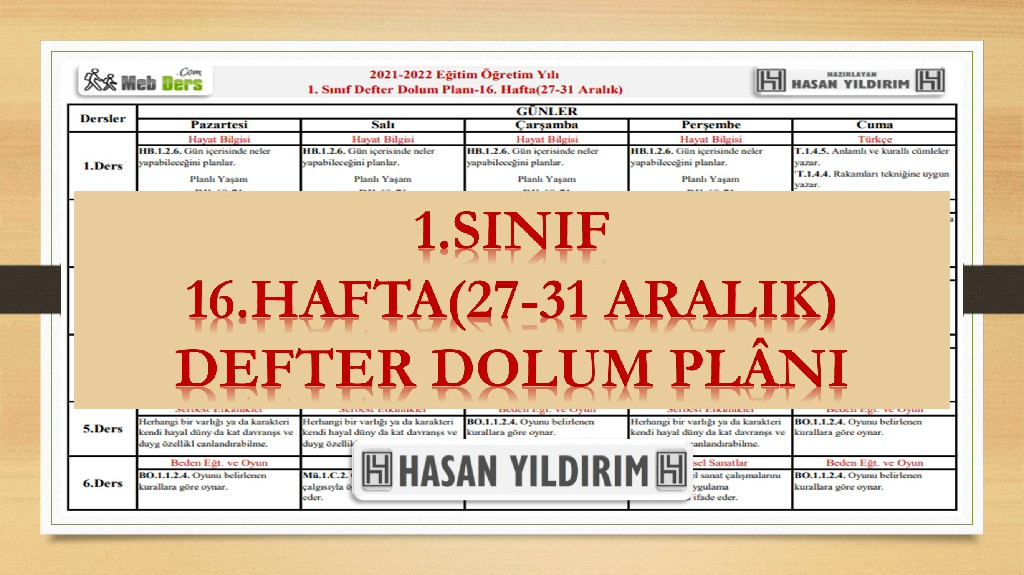 1.Sınıf 16.Hafta(27-31 Aralık) Defter Dolum Planı