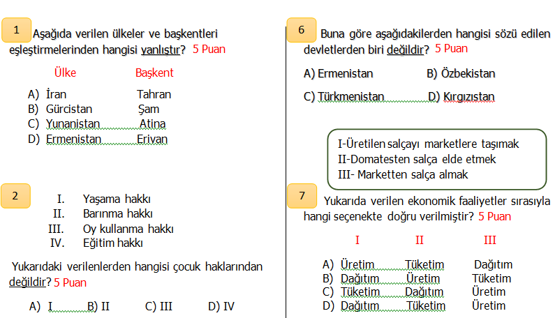 4.Sınıf Sosyal bilgiler 2. Dönem 2.Yazılı Seviye 1