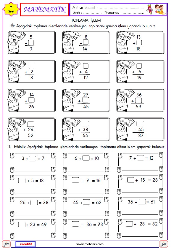 2. Sınıf Matematik Verilmeyen Toplananı Bulma Etkinliği 1