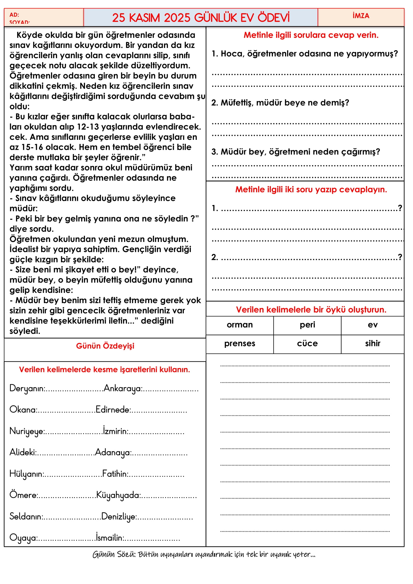 4.Sınıf - 25 Kasım 2025 Günlük Ev Ödevleri