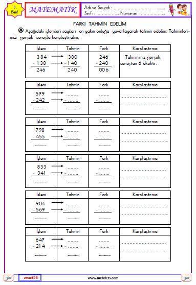 3. Sınıf Matematik Farkı Tahmin Edelim Etkinliği 1