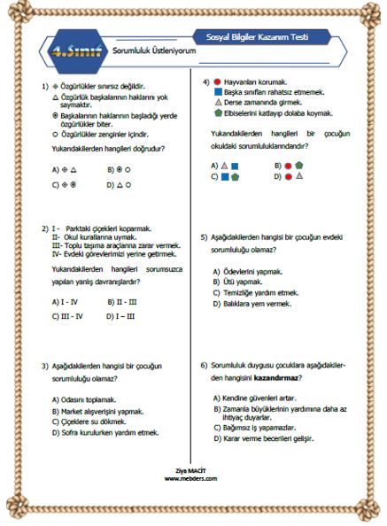 4. Sınıf Sosyal Bilgiler Sorumluluk Üstleniyorum Kazanım Testi