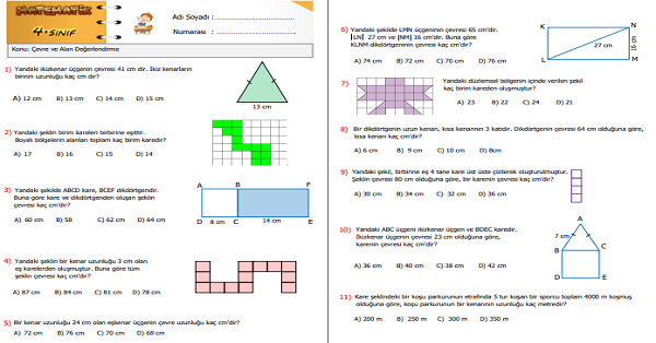 4.Sınıf Matematik Düzlemsel Şekillerin Çevre ve Alan Değerlendirme Etkinliği