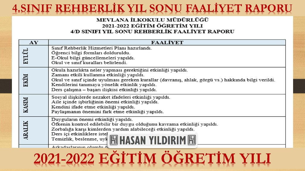 4.Sınıf Rehberlik Yıl Sonu Faaliyet Raporu