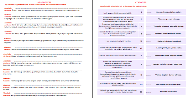 4. Sınıf Türkçe Atasözlerini Anlamları İle Eşleştirme Etkinliği