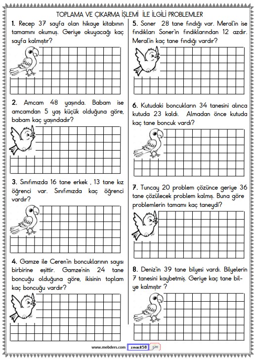 1. Sınıf Matematik Toplama ve Çıkarma İşlemi Problemleri Etkinliği 3