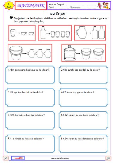 3. Sınıf Matematik Sıvıları Ölçme Etkinliği 4