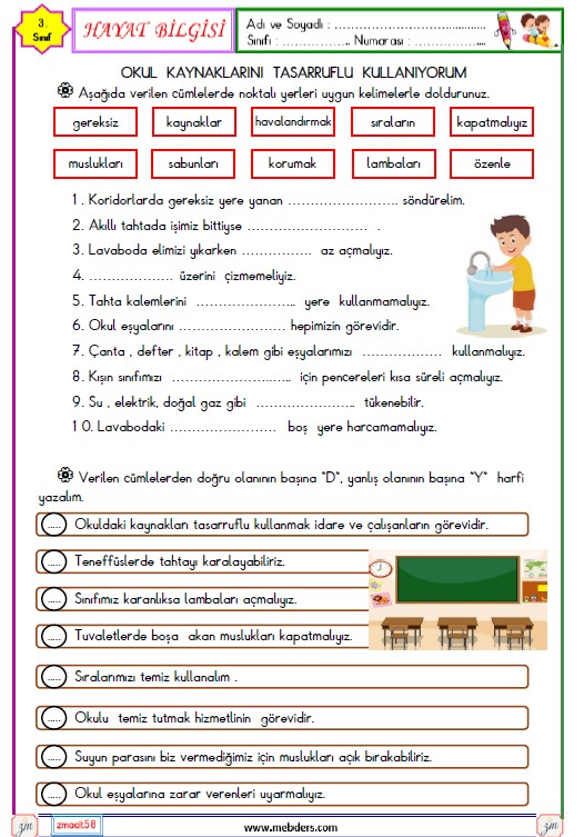 3. Sınıf Hayat Bilgisi Okul Kaynaklarını Tasarruflu Kullanıyorum Etkinliği