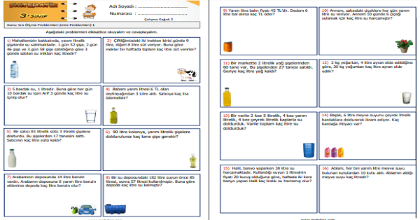 3.Sınıf Matematik Sıvı Ölçme Problemleri (Litre Problemleri) 1