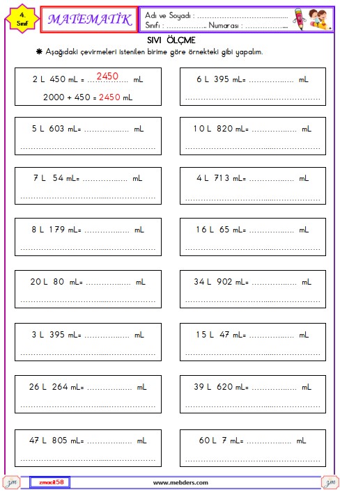 4. Sınıf Matematik Sıvı Ölçme Etkinliği 9