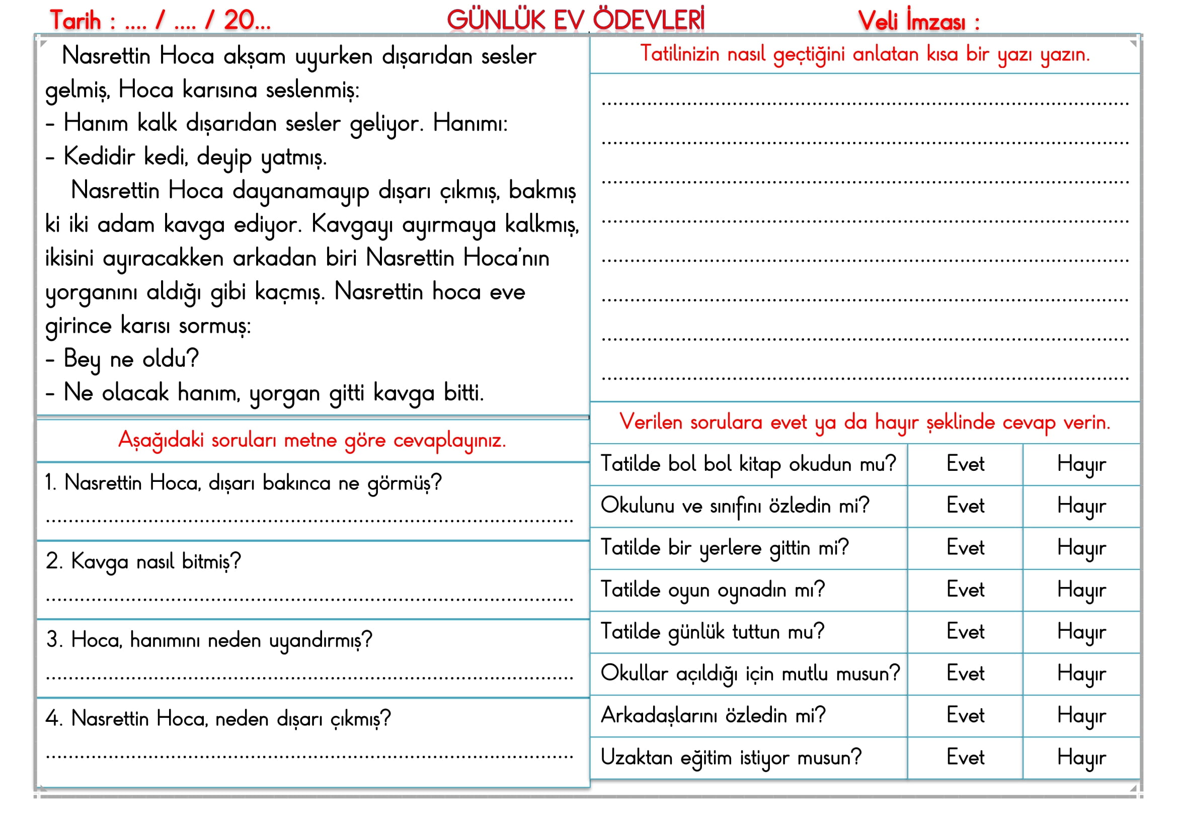 2.Sınıf - 08 Eylül 2025 Günlük Ev Ödevleri