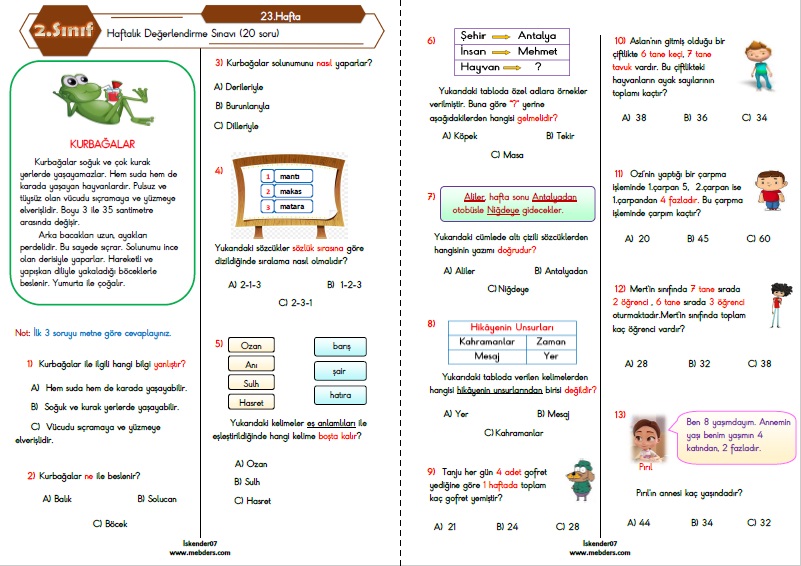 2.Sınıf Haftalık Değerlendirme Testi - 23.Hafta (28 Şubat -04 Mart)