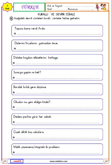 3. Sınıf Türkçe Kurallı ve Devrik Cümle Etkinliği