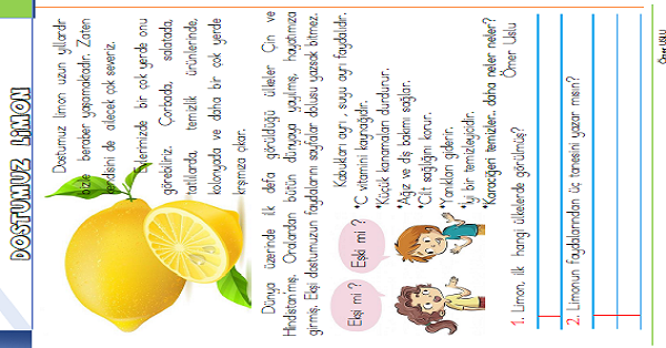 1. Sınıf Türkçe Okuyalım-Anlayalım-Cevaplayalım (Dostumuz Limon) Metni