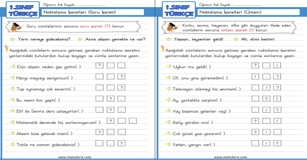 1.Sınıf Türkçe Noktalama İşaretleri (Soru İşareti, Ünlem) Etkinliği 2
