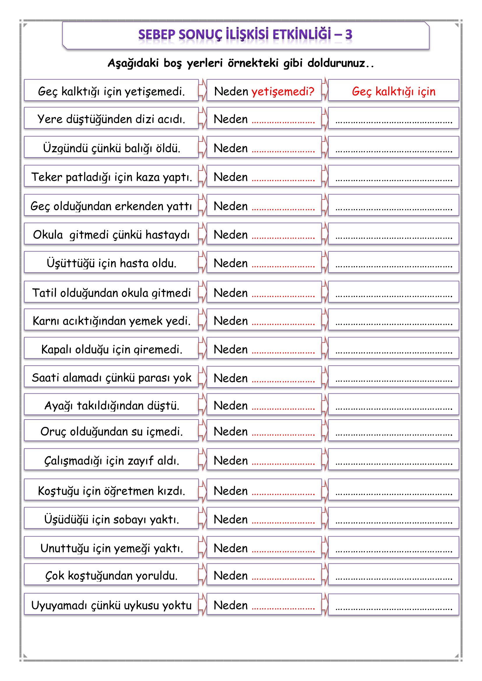 1.Sınıf Türkçe Sebep Sonuç İlişkisi Etkinliği-3