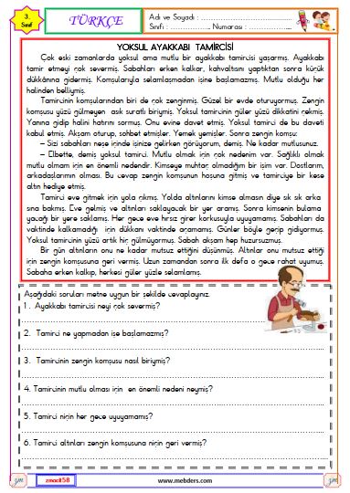3. Sınıf Türkçe Okuma ve Anlama Metni  Etkinliği (Ayakkabı Tamircisi)