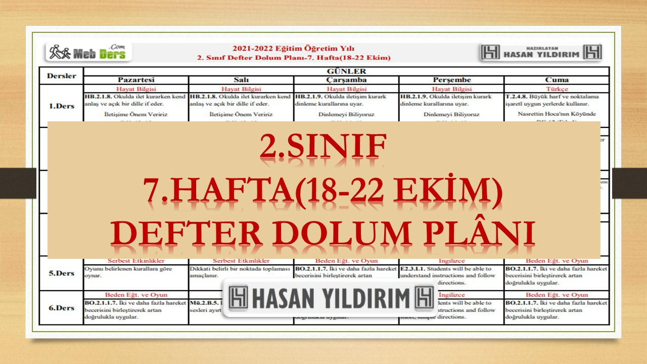 2.Sınıf 7.Hafta(18-22 Ekim) Defter Dolum Planı