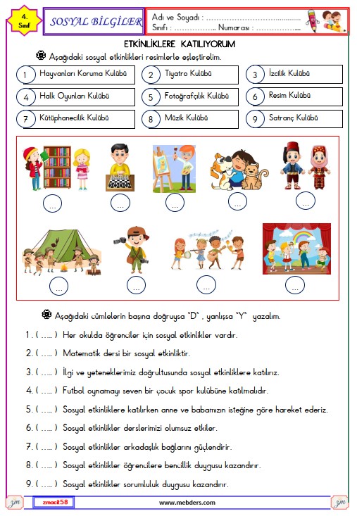 4. Sınıf Sosyal Bilgiler Etkinliklere Katılıyorum Etkinliği