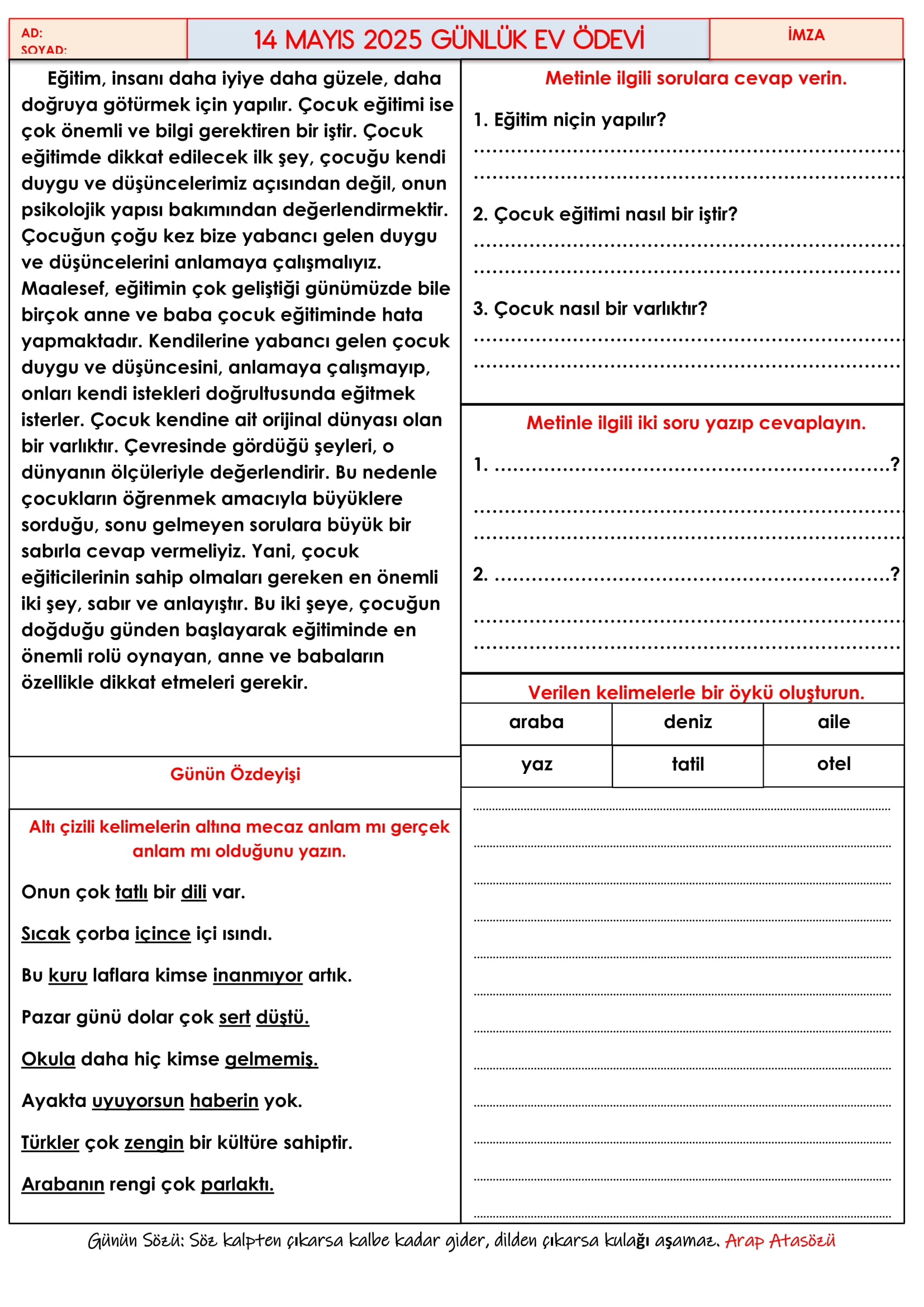 4.Sınıf 14 Mayıs 2025 Günlük Ev Ödevi