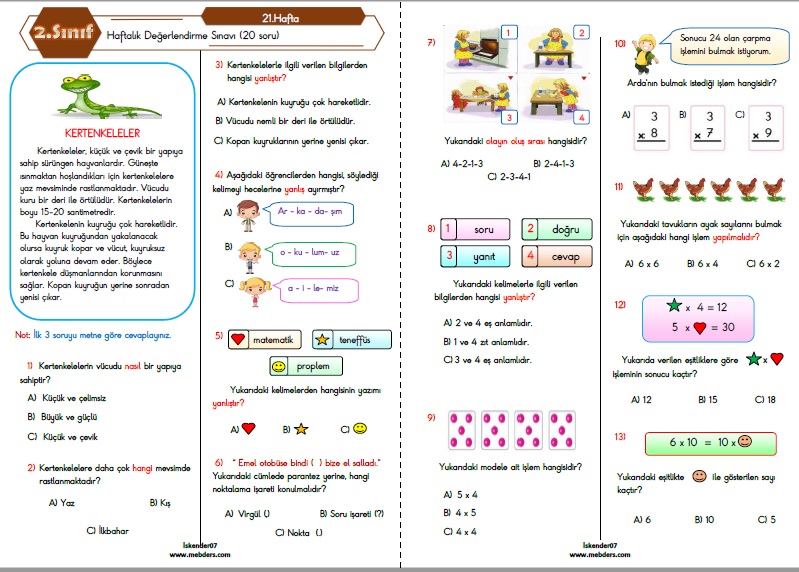 2.Sınıf Haftalık Değerlendirme Testi - 21.Hafta (14-18 Şubat)