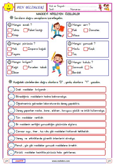 3. Sınıf Fen Bilimleri Maddeyi Niteleyen Özellikler Etkinliği 5