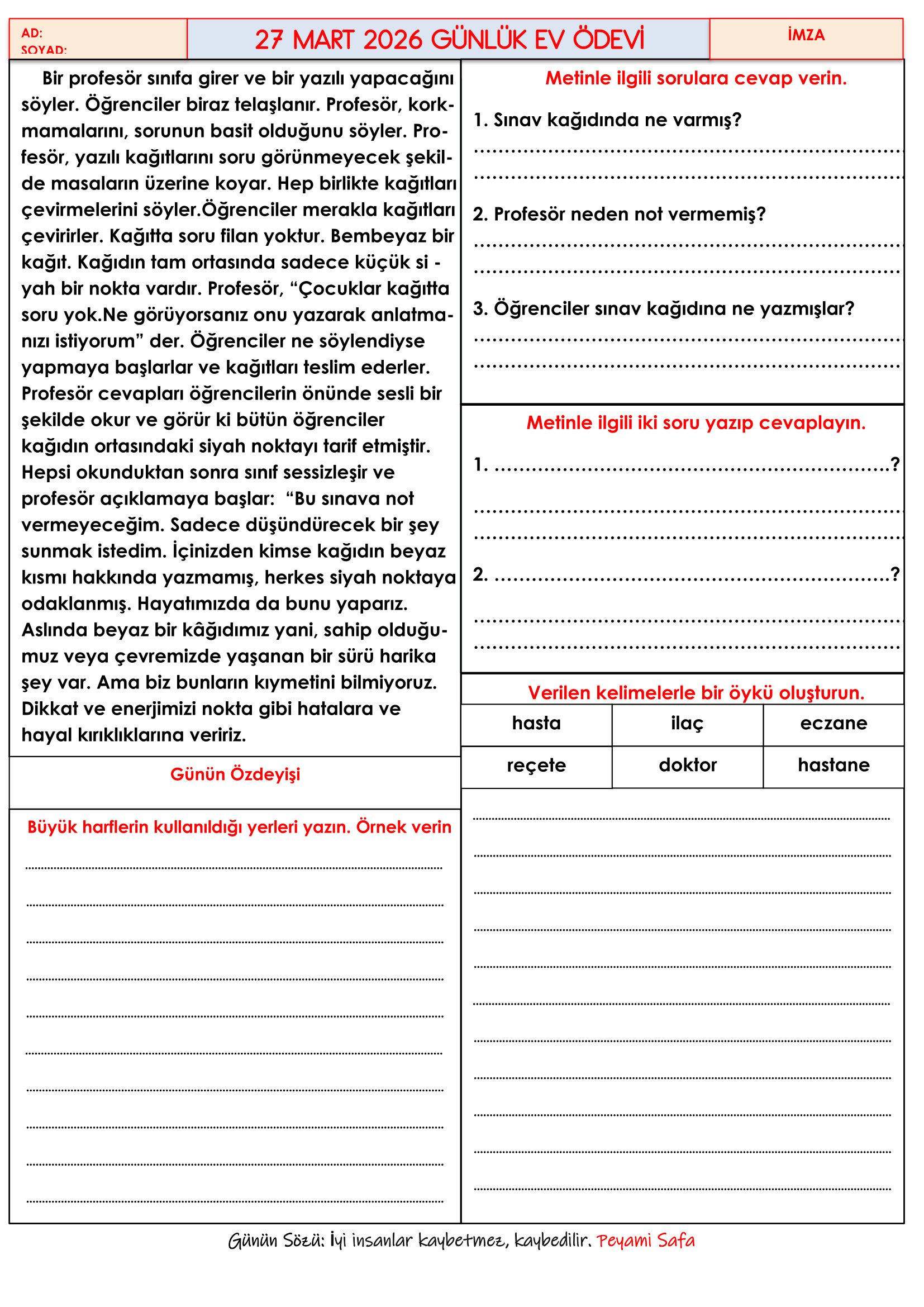 4.Sınıf - 27 Mart 2026 Günlük Ev Ödevleri