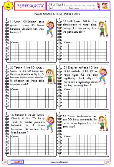 3. Sınıf Matematik Paralarımız ile İlgili Problemler Etkinliği 2