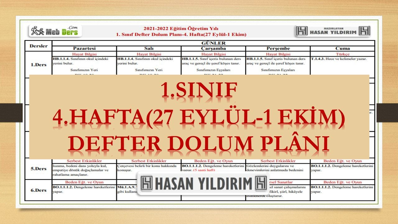 1.Sınıf 4.Hafta(27 Eylül-1 Ekim) Defter Dolum Planı