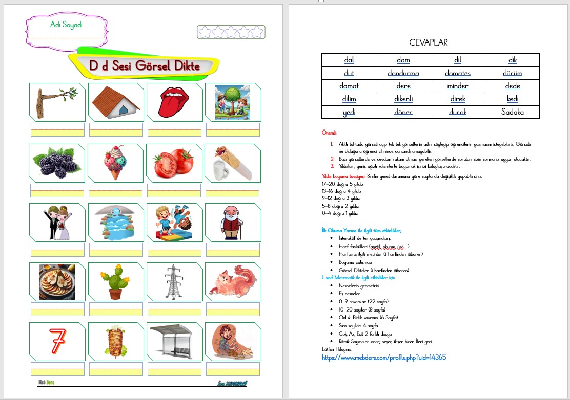 1. Sınıf İlk Okuma Yazma D Sesi GÖRSEL DİKTE