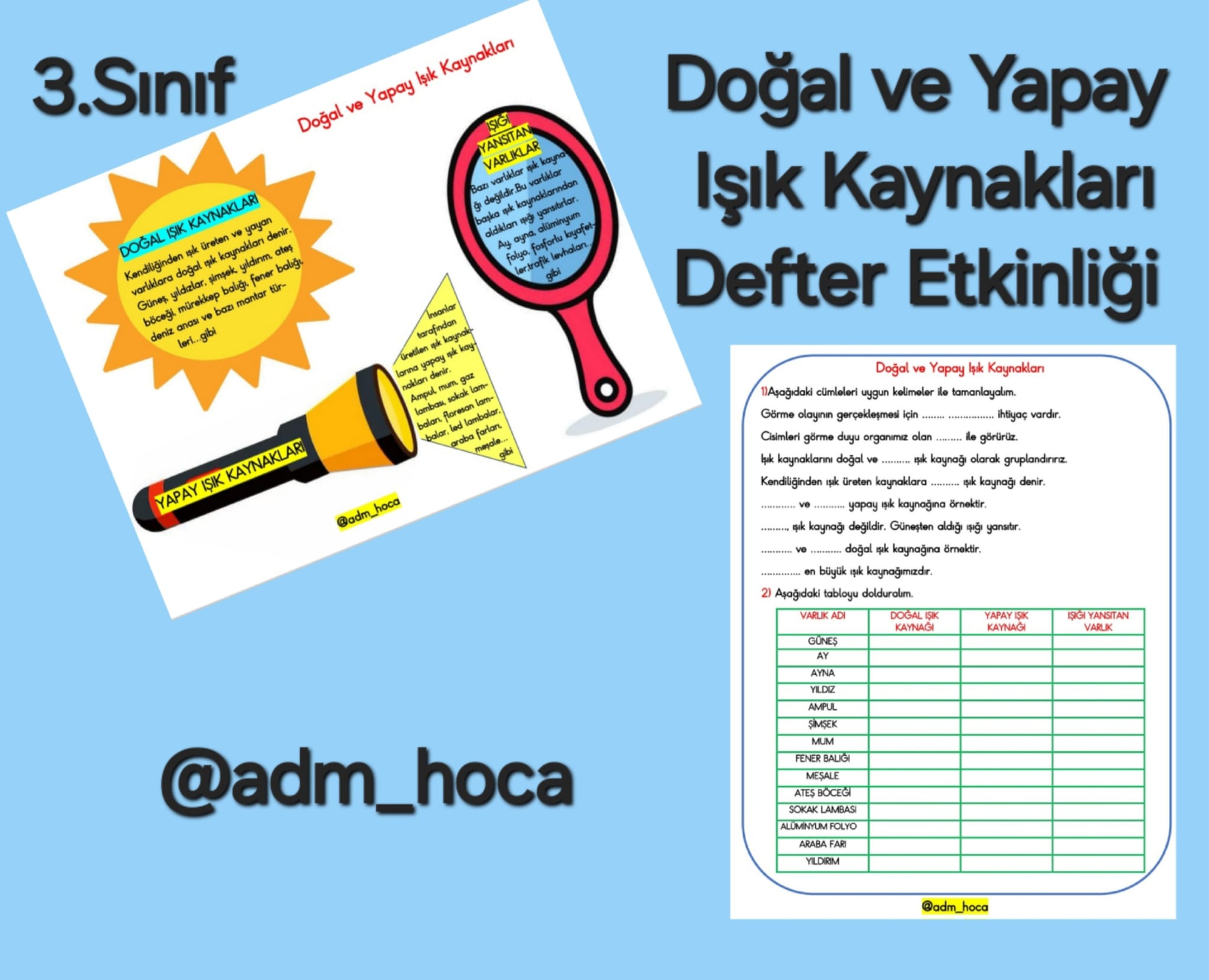 3. Sınıf Fen Bilimleri Doğal ve Yapay Işık Kaynakları Defter Etkinliği