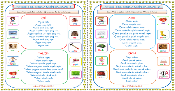 1. Sınıf İlk Okuma Yazma Ç Sesi Hızlı Okuma Çalışması