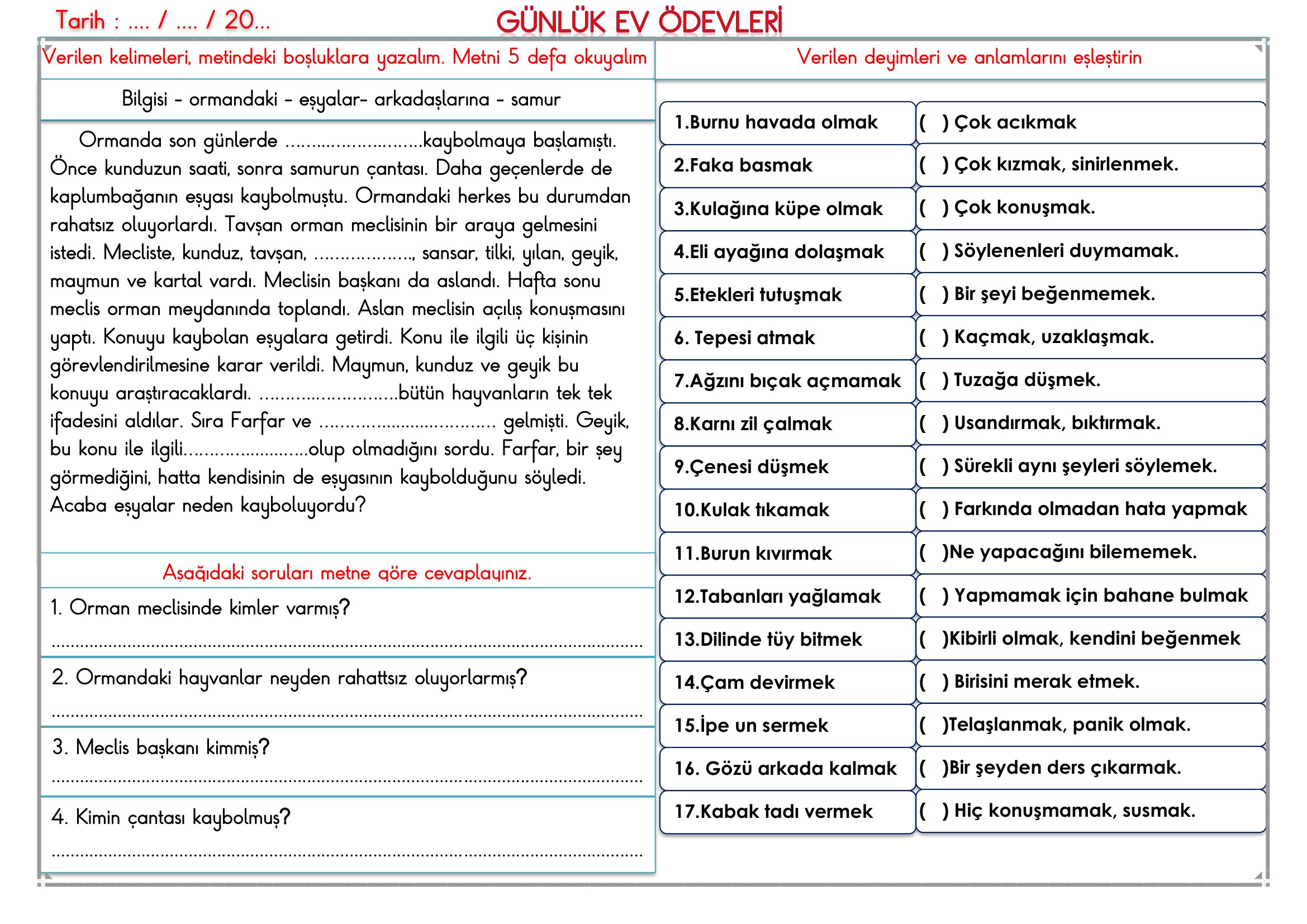 2.Sınıf - 13 Mayıs 2026 Günlük Ev Ödevleri