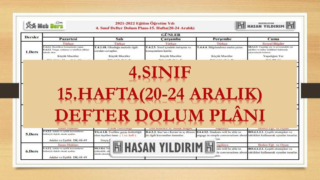 4.Sınıf 15.Hafta(20-24 Aralık) Defter Dolum Planı