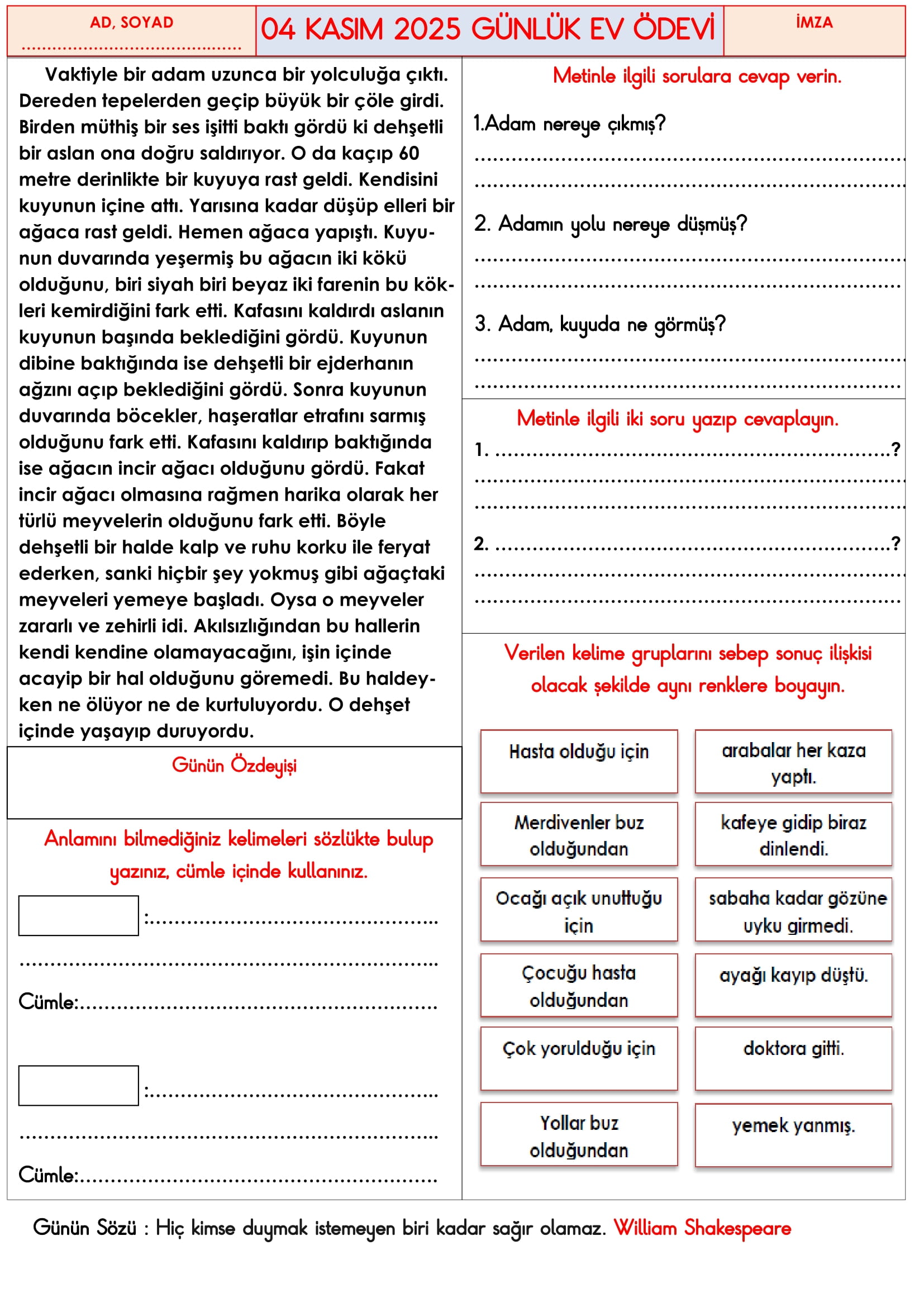 3.Sınıf - 04 Kasım 2025 Günlük Ev Ödevleri