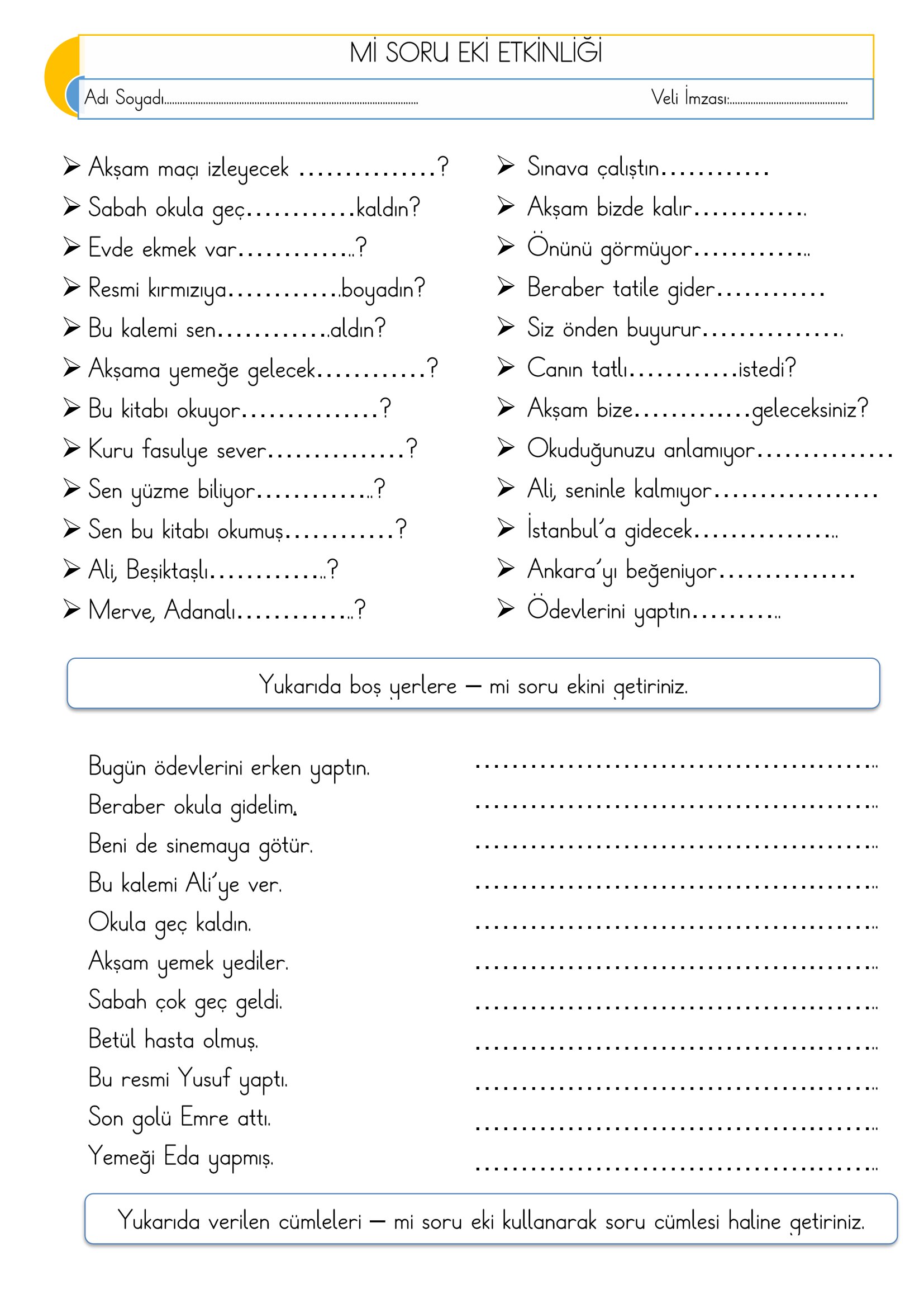 2.Sınıf - Türkçe Mi Soru Eki Etkinliği