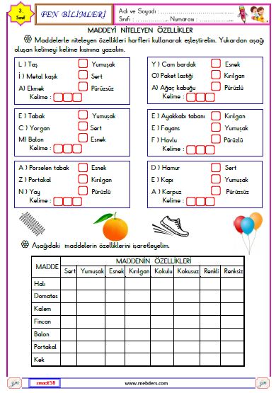3. Sınıf Fen Bilimleri Maddeyi Niteleyen Özellikler Etkinliği 3