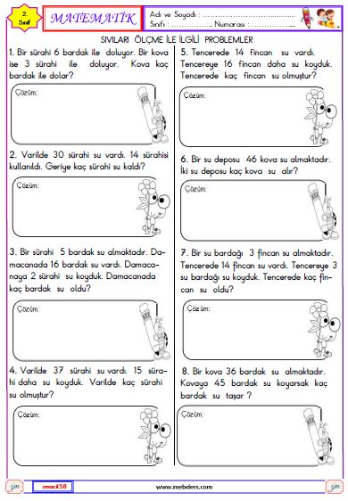 2. Sınıf Matematik Sıvıları Ölçme ile İlgili Problemler Etkinliği 3