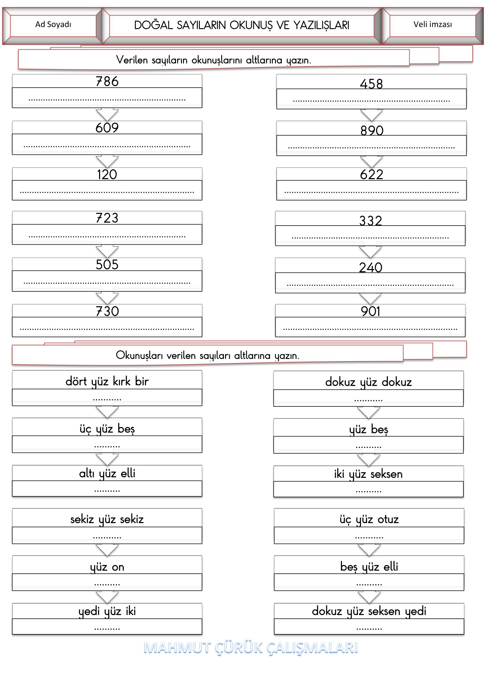 3.Sınıf - Matematik Üç Basamaklı Sayıların Okunuş ve Yazılışları Etkinliği-1