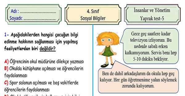 4.Sınıf Sosyal Bilgiler İnsanlar ve Yönetim Ünitesi Yaprak Test 5