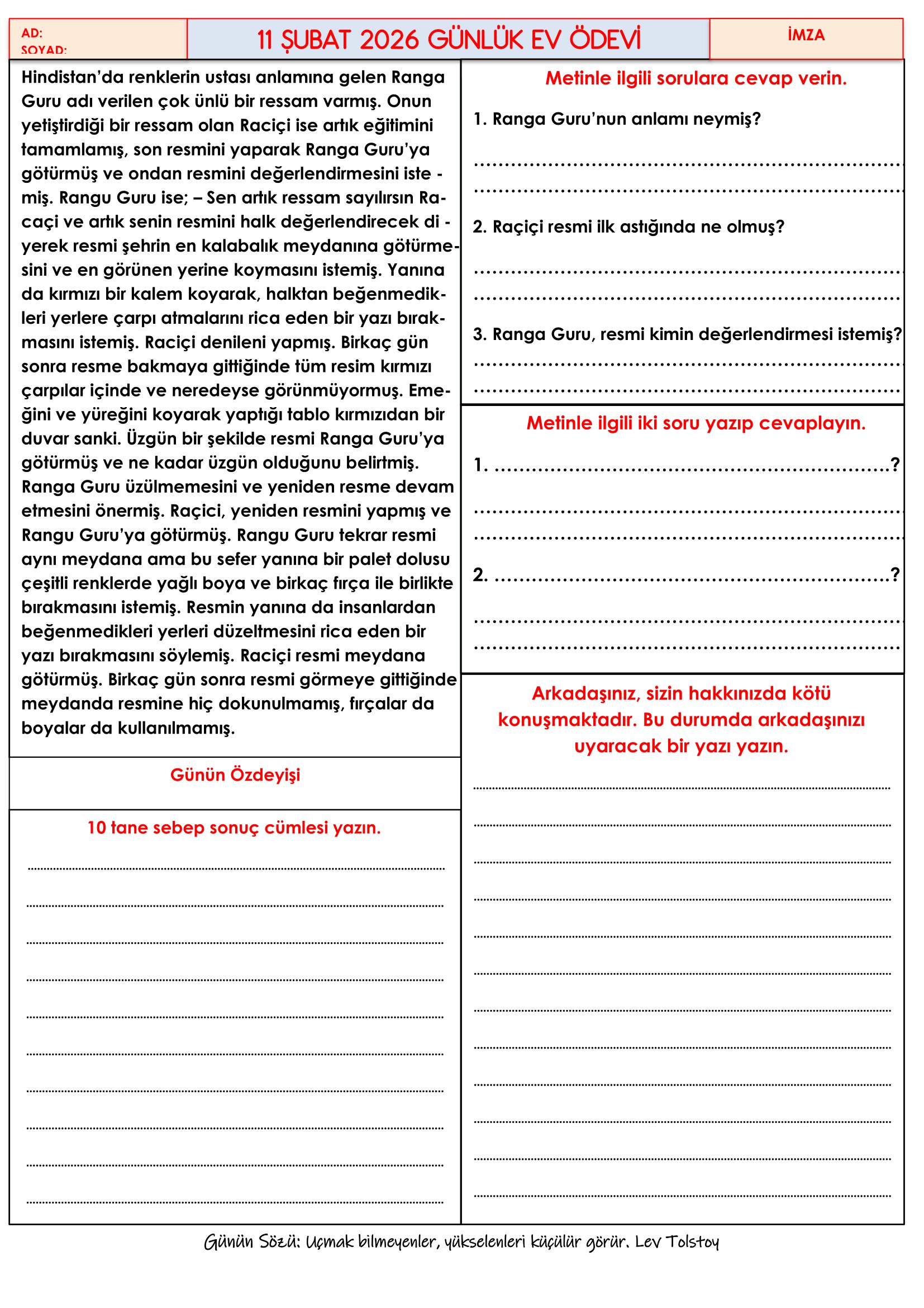 4.Sınıf - 11 Şubat 2026 Günlük Ev Ödevleri