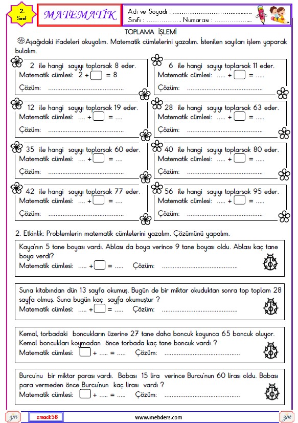 2. Sınıf Matematik Verilmeyen Toplananı Bulma Etkinliği 3