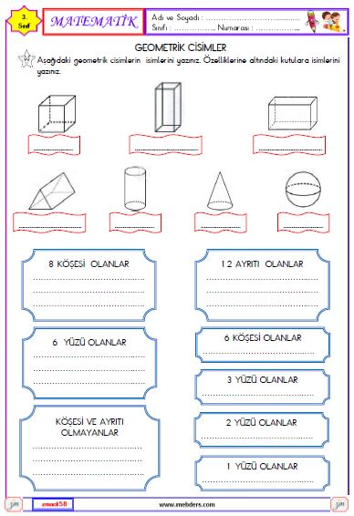 3. Sınıf Matematik Geometrik Cisimler Etkinliği 2