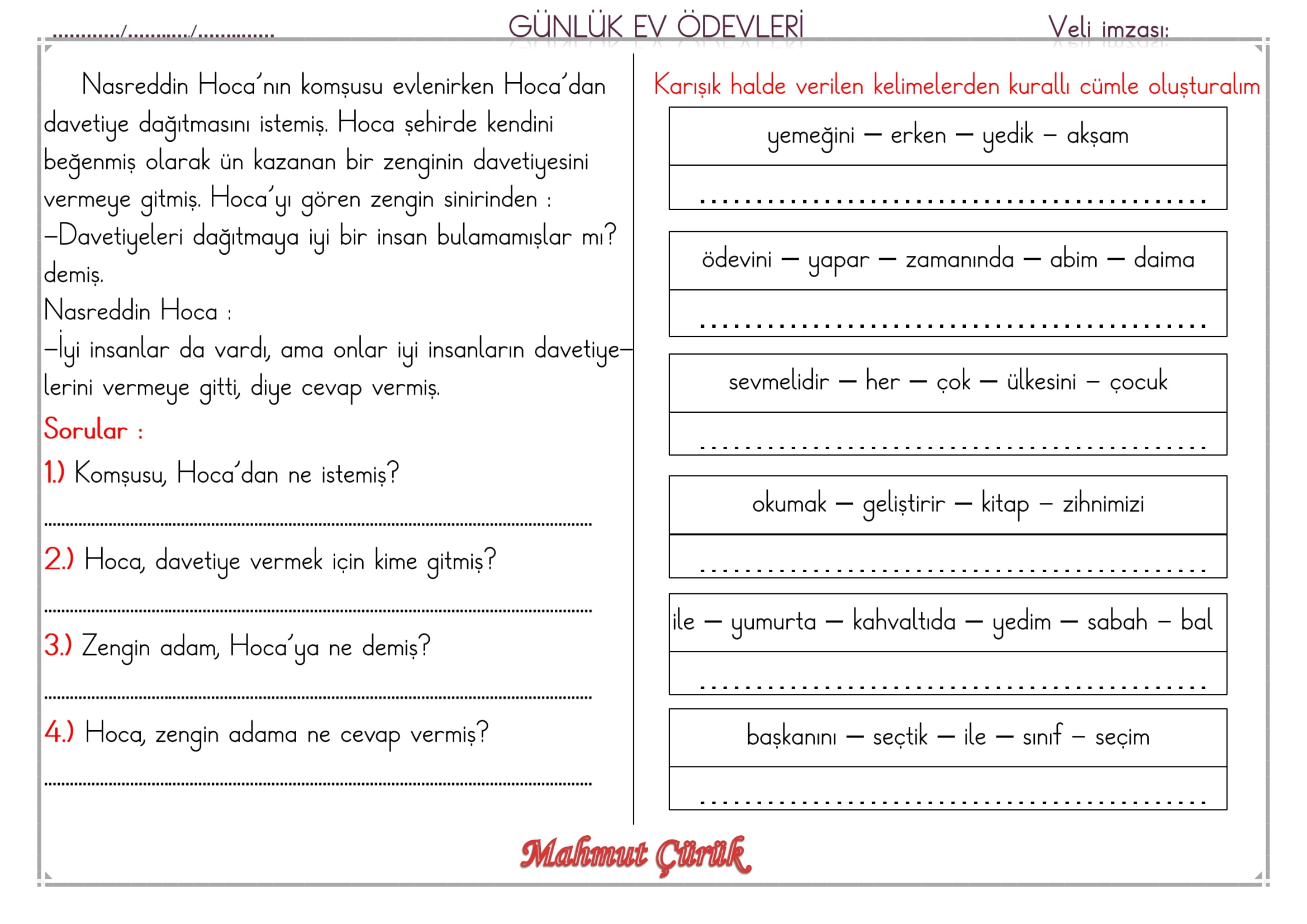 1.Sınıf 03 Haziran 2025 Günlük Ev Ödevi