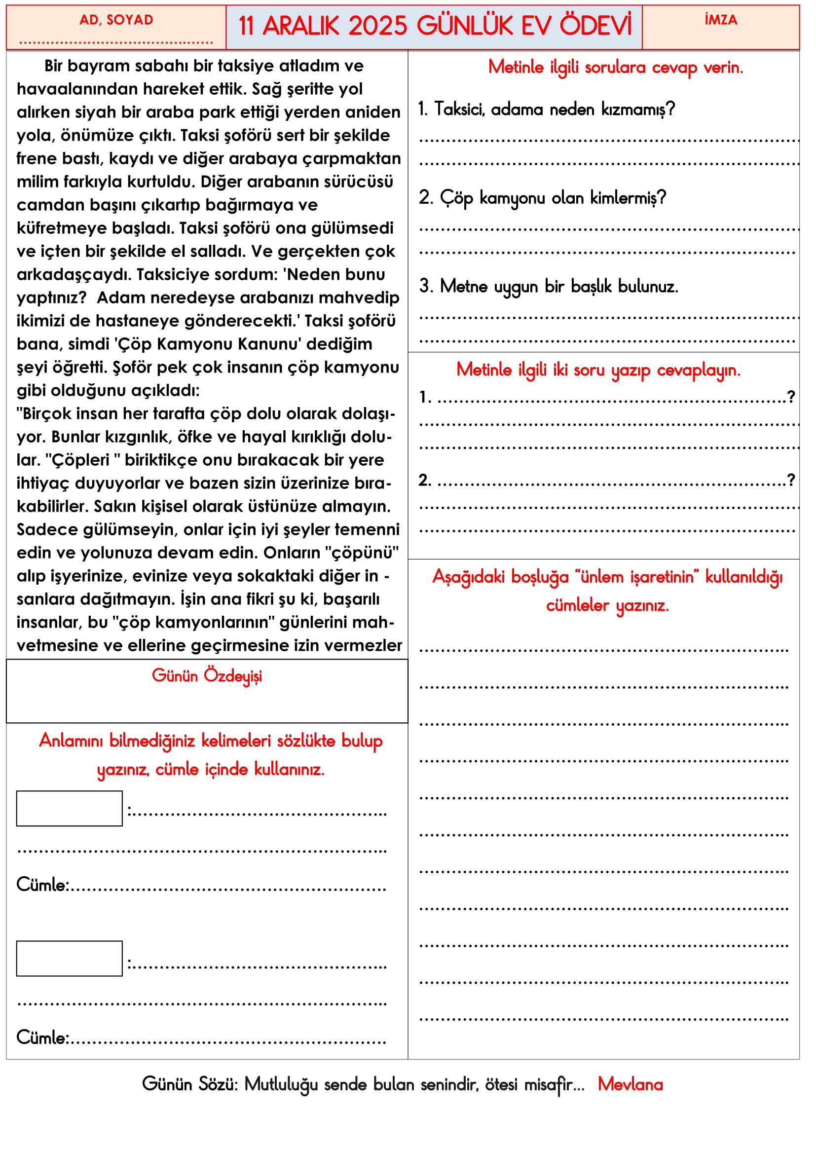 3.Sınıf - 11 Aralık 2025 Günlük Ev Ödevleri